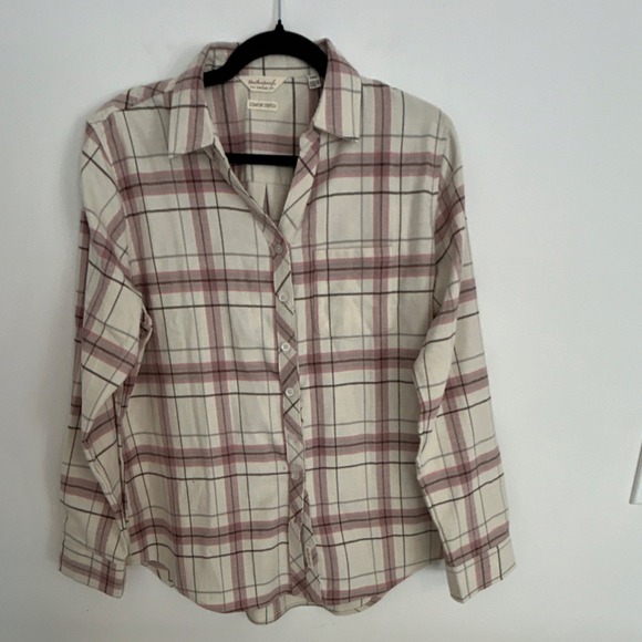 Weatherproof Tops - Weatherproof Flannel Comfort Stretch Button-Up Shirt Ivory Pink Gray M Women's